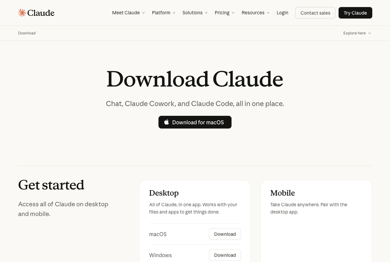 claude.com のダウンロードページ。Download Claude の見出しの下に Desktop の欄があり、macOS と Windows の Download ボタンが並んでいる