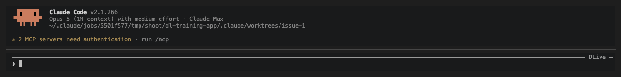 claude --worktree issue-1 で起動した直後の Claude Code の画面。作業ディレクトリが .claude/worktrees/issue-1 になっている